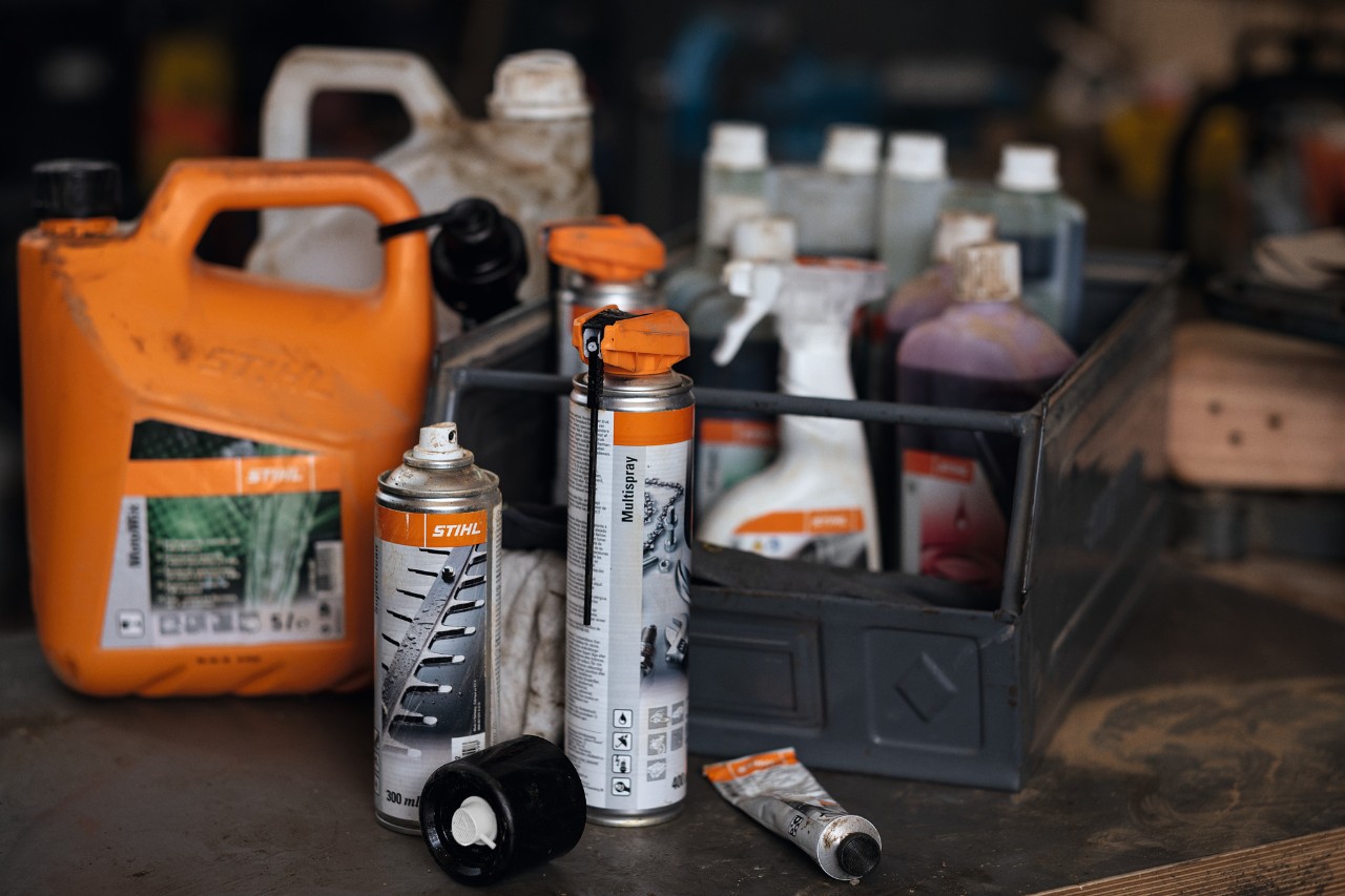 Various fuels and lubricants from STIHL, some in a box