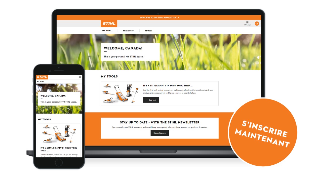 Le portail client MY STIHL sur un ordinateur portable et un smartphone