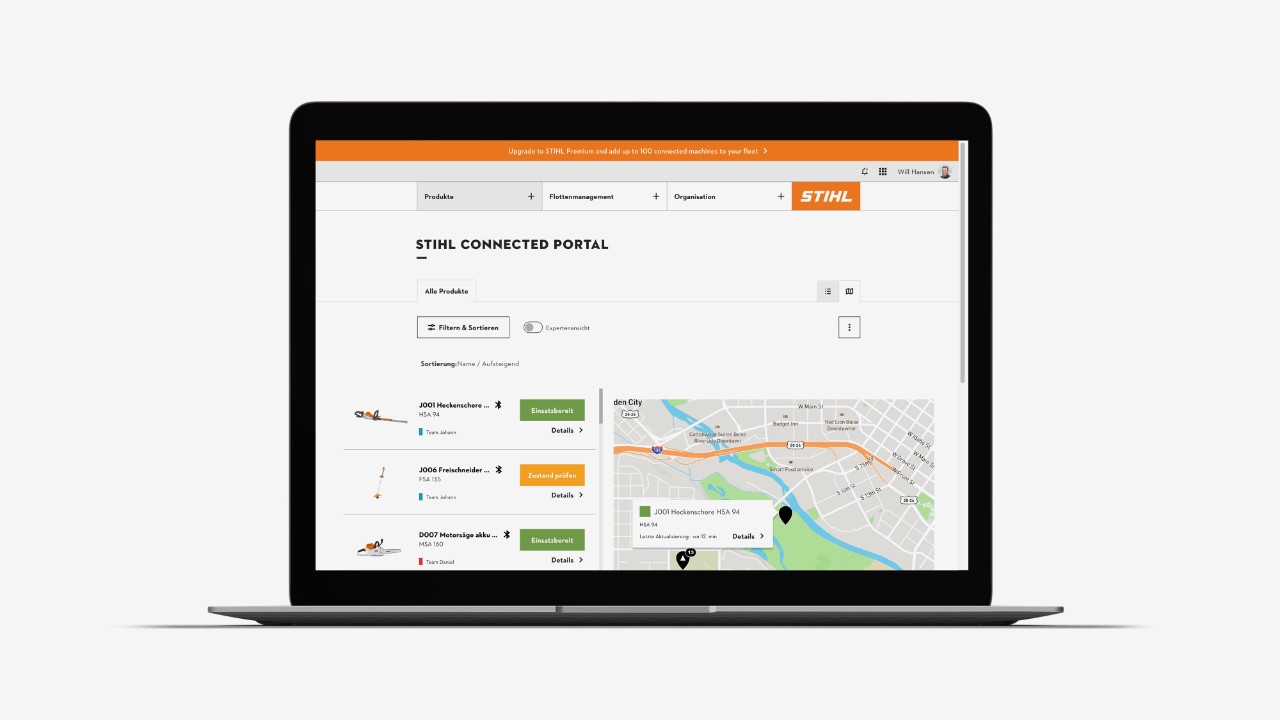 Vue d’ensemble des produits du STIHL connected Portal avec carte