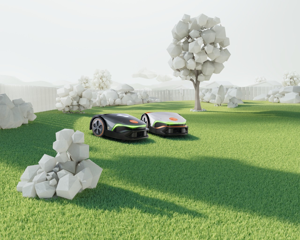 L’iMOW Evo et l’iMOW sur une pelouse virtuelle avec des buissons et un arbre de style origami