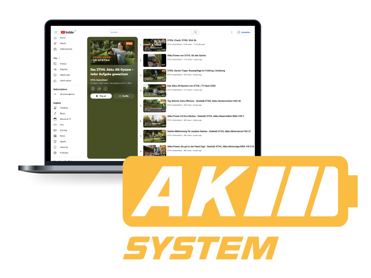 Logo du système AK de STIHL sous forme d’icône de batterie jaune, ordinateur portable en arrière-plan